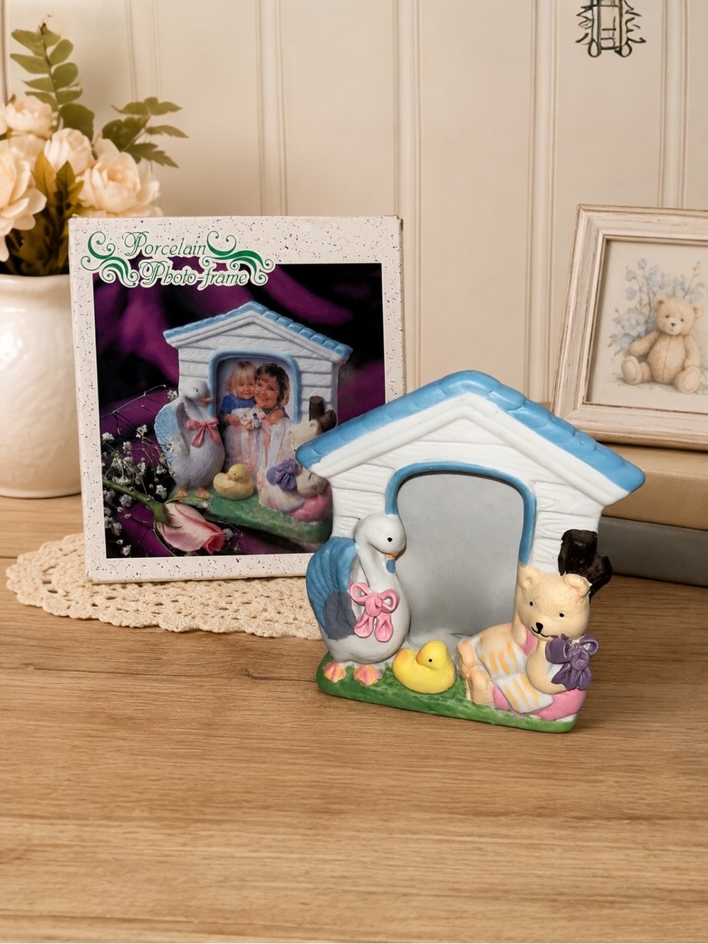 Vintage Diplomex Porcelain Baby Photo Frame House Goose Bear Duck Nursery Decor